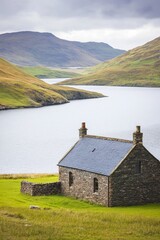 A rustic stone house by a serene lake, surrounded by green hills under a cloudy sky.