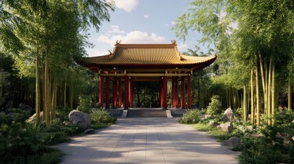 Fototapeta premium A 3D rendering of a Japanese pavilion with red pillars, golden roof accents, and delicate bamboo plants in the foreground