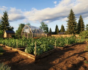 Lush vegetable garden with a greenhouse in a serene rural setting, surrounded by vibrant greenery...