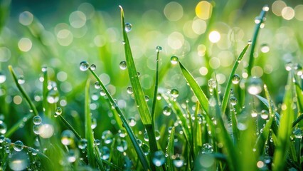 Fototapeta premium Closeup of green grass covered in water drops after rain