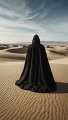 A person is standing in a desert wearing a black cloak