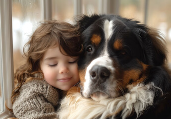 A little girl hugging a large Bernese Mountain Dog by a window, showing affection and a strong bond.