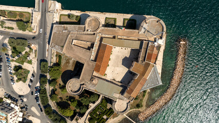 Zenithal aerial view of the Aragonese castle, officially called Castel San Angelo, in the historic...