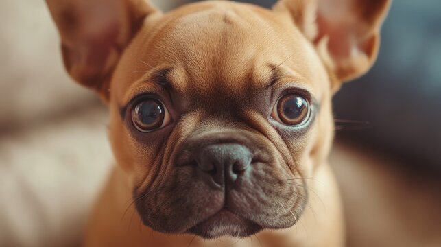 Close-up of adorable brown French Bulldog puppy with large eyes and expressive face, perfect for pet lovers and animal enthusiasts.