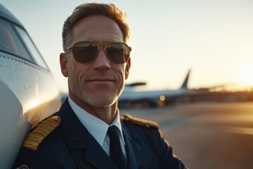 A self-assured pilot wearing sunglasses stands next to an aircraft at sunset on the tarmac, showcasing authority, readiness, and the essence of aviation excellence.