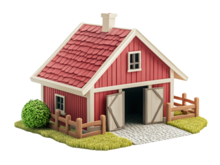 Charming red barn with white trim, situated on green grass, isolated on white background. transparent background