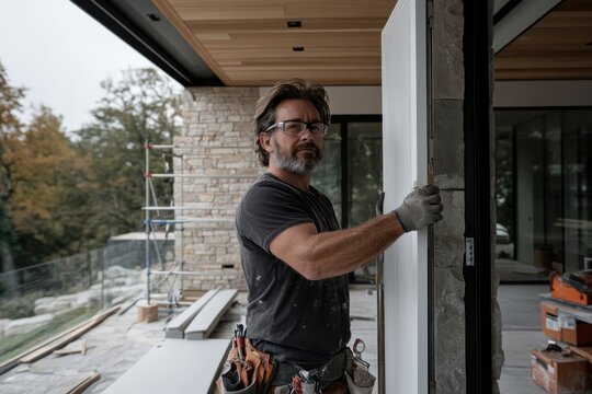 A dedicated handyman engrossed in his task works diligently on a house construction project, reflecting skill, focus, and the passion for bringing spaces to life.