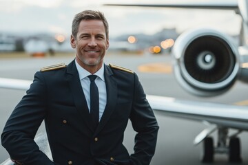 A cheerful pilot in uniform smiles by his private jet at dawn, ready for a journey, reflecting professionalism, enthusiasm, and the grace of aviation life.