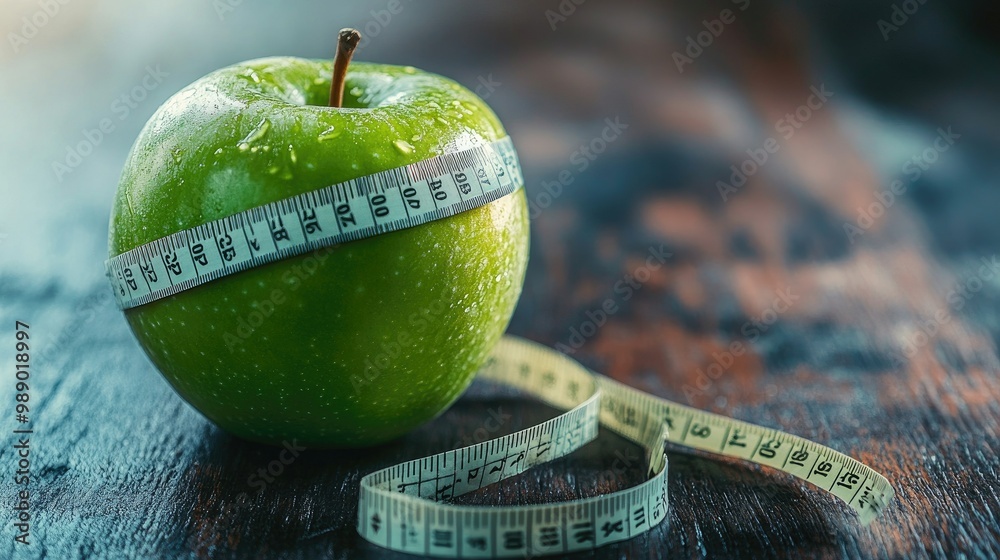 Wall mural measuring tape wrapped around a green apple, symbolizing weight loss and healthy eating. no people, 