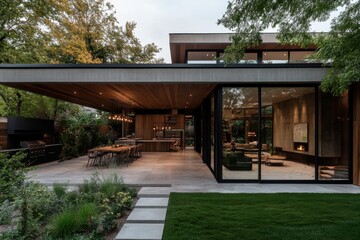 A contemporary outdoor area featuring a dining and seating space illuminated at dusk, showcasing modern architecture's blend with natural surroundings for comfort and leisure.