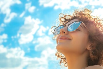 Sun-kissed woman in sunglasses enjoying blue sky