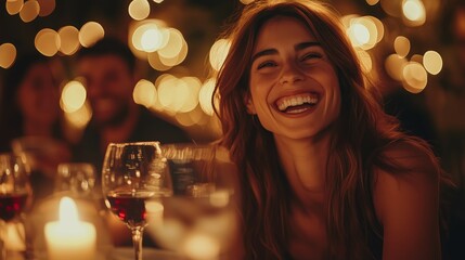 A group of friends laughing and enjoying dinner together at an upscale restaurant