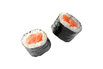 Two Salmon sushi nigiri that rice wrap by seaweed flying in the air isolated on background, soft rice to the savory nori and fresh seafood.