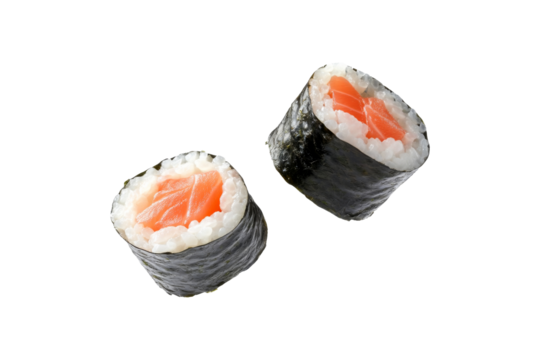 Two Salmon sushi nigiri that rice wrap by seaweed flying in the air isolated on background, soft rice to the savory nori and fresh seafood.