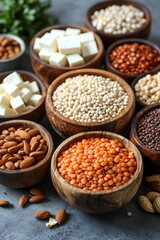 Fototapeta premium A modern, minimalist kitchen table with vegan protein sources like tofu, lentils, and nuts