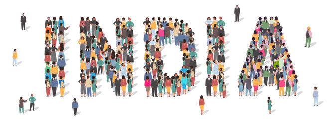 India country name insignia word inscription made with people group community cartoon vector illustration. Women and men composition national symbol