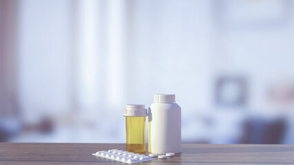 The medicine bottle on wood table for heath and sci concept 3d rendering.