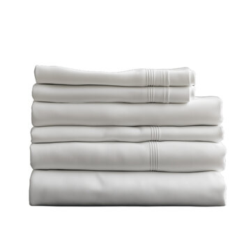 Neatly folded stack of white bed sheets on transparent background