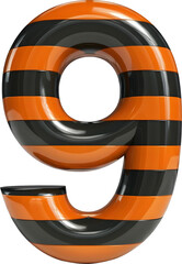 Glossy 3D Number 9 with Orange and Black Stripes