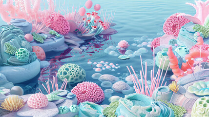 A vibrant underwater scene showcases microscopic world of pond, filled with pastel colored corals,...