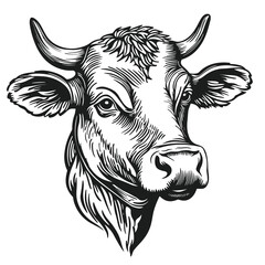 Cow head hand drawn sketch logo, black and white engraving illustration style, vector