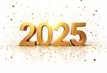 Happy New Year 2025 golden metallic numbers. Festive poster or banner design. 3D illustration.
