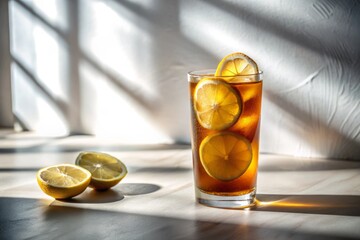 Cold brew iced tea sits elegantly in a modern tumbler on a pristine white background, surrounded by subtle shadows