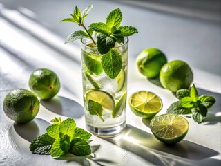 Fresh mint leaves and lime wedges garnish a gleaming highball glass filled with refreshing crisp drink, set against pure white backdrop, warm sunlight casting subtle shadows.
