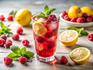 Fresh raspberries and a lemon slice garnish a glass of iced raspberry tea, placed on a clean white surface, with a low-angle shot emphasizing its vibrancy and vitality.