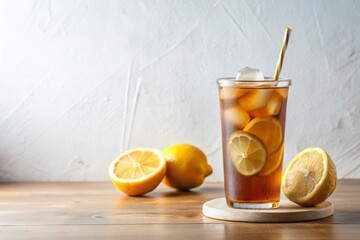 Fototapeta premium Cold brew iced tea fills a chic, modern tumbler, adorned with a delicate lemon slice