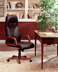 Office chair, brown leather and wooden frame