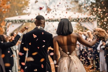 Obraz premium Wedding bride confetti outdoors.