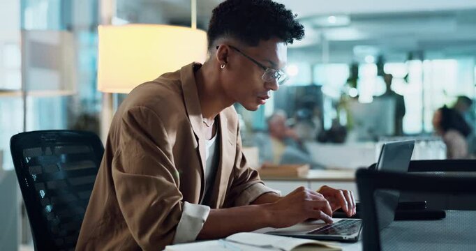 Research, laptop and developer with man in office for planning, rpa management and ai software development. Networking, technology and chatbot project with person in digital agency for startup