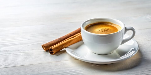 Rich aromatic espresso fills a minimalist cup, topped with a pinch of cinnamon, against a pristine white backdrop, illuminated by soft, natural light, conveying a sense of simplicity and elegance.