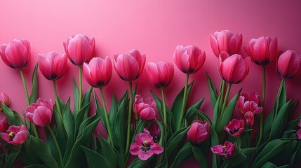 Fototapeta premium Tulips on a pink background with copy space for text
