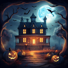 Fototapeta premium Spooky haunted house with glowing pumpkins, a full moon, and flying bats, creating a creepy Halloween atmosphere perfect for haunted house decor, horror-themed designs, or eerie scenes