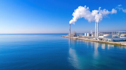 Obraz premium Polluting Industrial Power Plant Overlooking Coastal City and Ocean Landscape