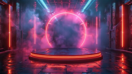 3d illustration rendering of gamer technology futuristic cyberpunk display, gaming scifi stage pedestal background