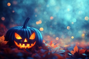 Naklejka premium A glowing jack-o'-lantern illuminates autumn leaves under a mystical night sky