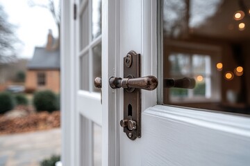 A detailed view of brass door handles installed on white French doors, leading to an outdoor patio area with scenic surroundings and blurred greenery background.
