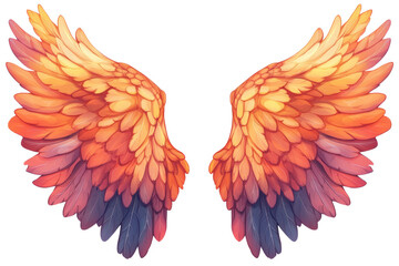 Fototapeta premium Colorful decorative wings with vibrant orange and purple feathers, white isolated background transparent background