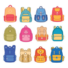 Set of different school backpack and schoolbag. Back to school, collection of children bags vector illustration isolated on white background