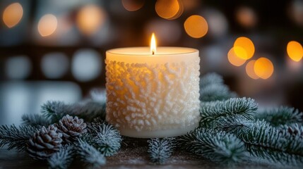 elegant white christmas candle centerpiece festive pine branches frame soft candlelight negative space for personalization warm inviting holiday ambiance with classic simplicity