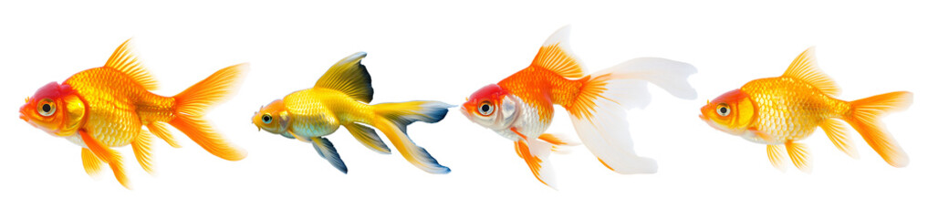 Fototapeta premium Colorful goldfish swimming gracefully in a row, showcasing their vibrant fins and distinct features.