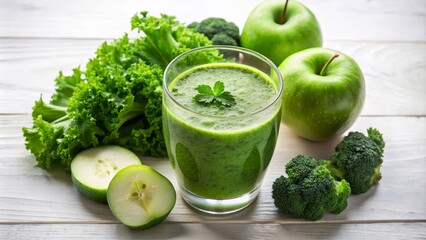 Obraz premium Vibrant green kale smoothie blended with crunchy apple and refreshing cucumber, served in clear glass, positioned on clean white surface, soft overhead lighting, lively morning mood.