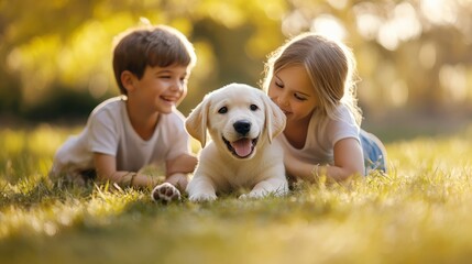 Fototapeta premium Two children laying on grass, smiling with a happy Labrador Retriever puppy, enjoying a sunny day in the park.