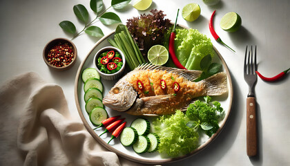 Crispy Fried Tilapia with Lime and Vegetables on White Plate