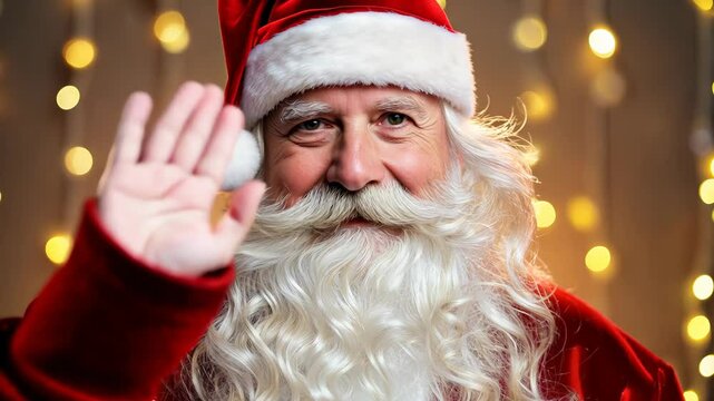 portrait of a smiling Santa Claus in a red suit and hat, with a white beard and mustache, in front of a Christmas tree