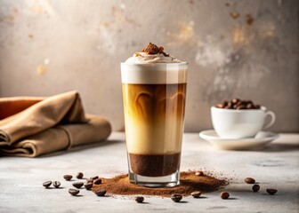 Rich and smooth cold brew coffee fills a sleek tumbler, topped with velvety cream and cocoa dust, against a pristine white background, gentle morning light