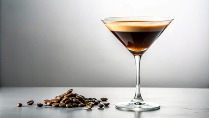 Rich espresso martini glows in a modern glass, garnished with a single coffee bean, basking in soft, golden light, against a pristine white backdrop.